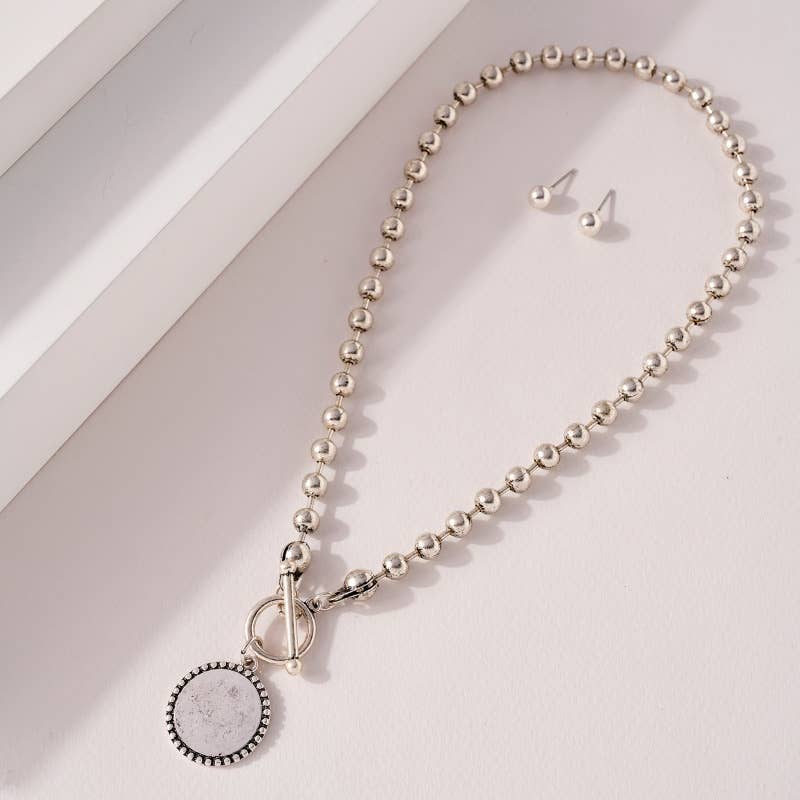 Metal Beaded Toggle Coin Charm Necklace