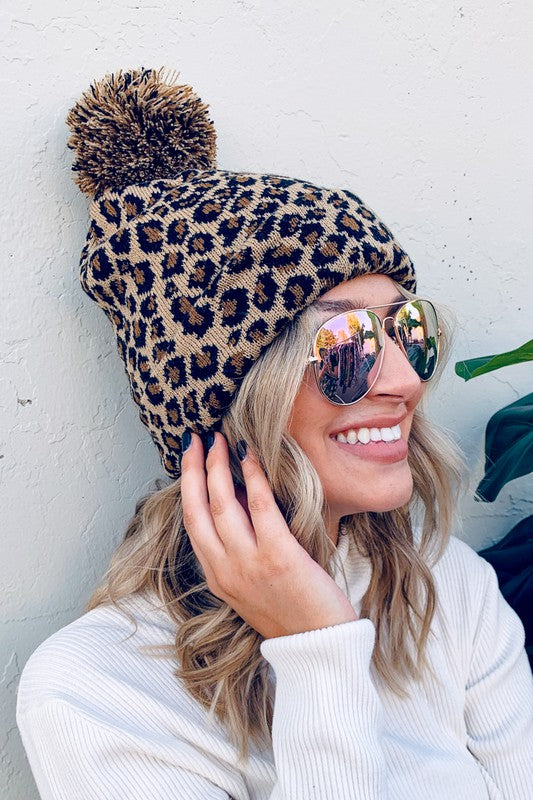 Pom Pom Leopard Beanie