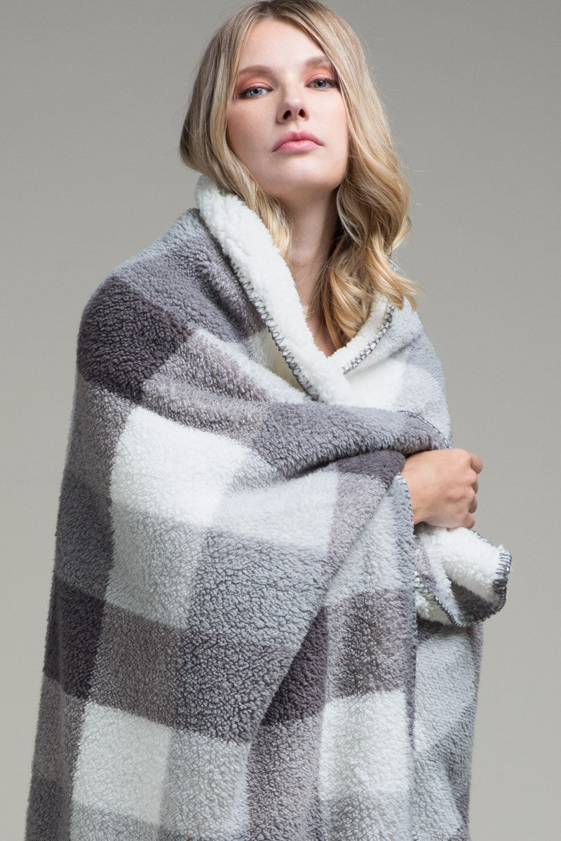 Grey Plaid Sherpa Throw Blanket