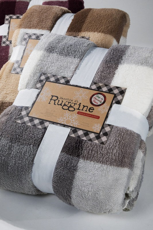 Grey Plaid Sherpa Throw Blanket