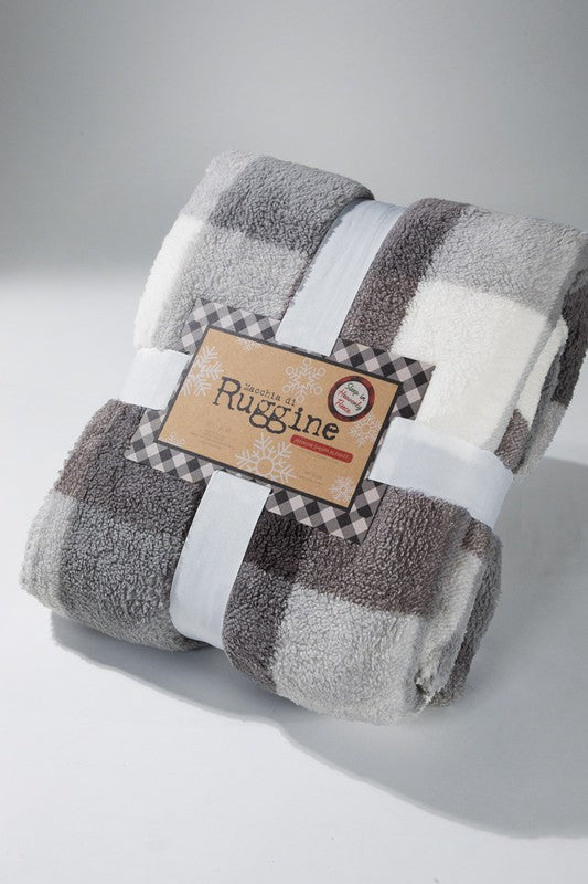 Grey Plaid Sherpa Throw Blanket