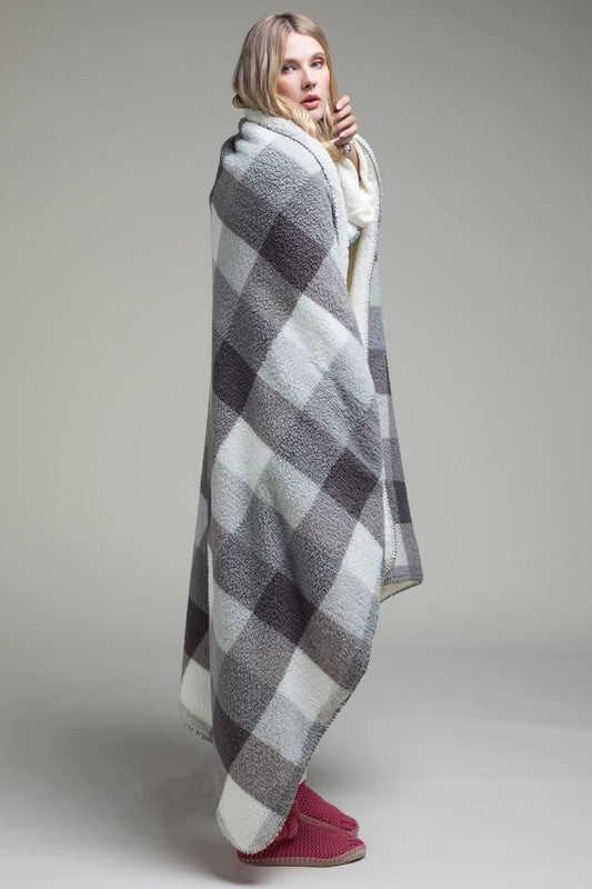 Grey Plaid Sherpa Throw Blanket