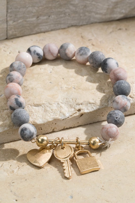 3 Charm and Natural Stone Bracelet-Pink Zebra Jasper