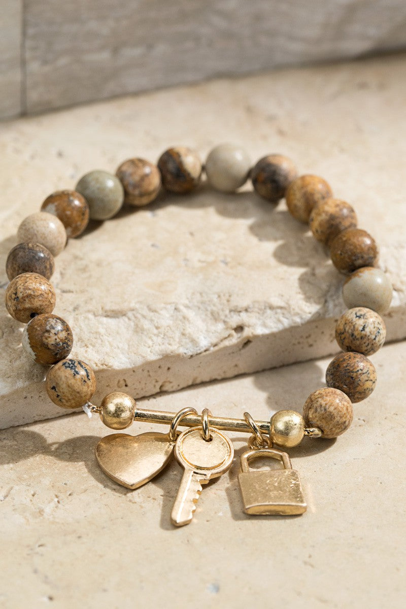 3 Charm and Natural Stone Bracelet-Picture Jasper