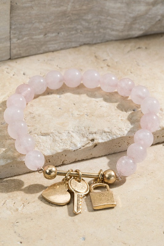 3 Charm and Natural Stone Bracelet-Rose Quartz