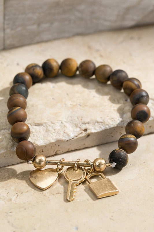 3 Charm and Natural Stone Bracelet-Tiger Eye