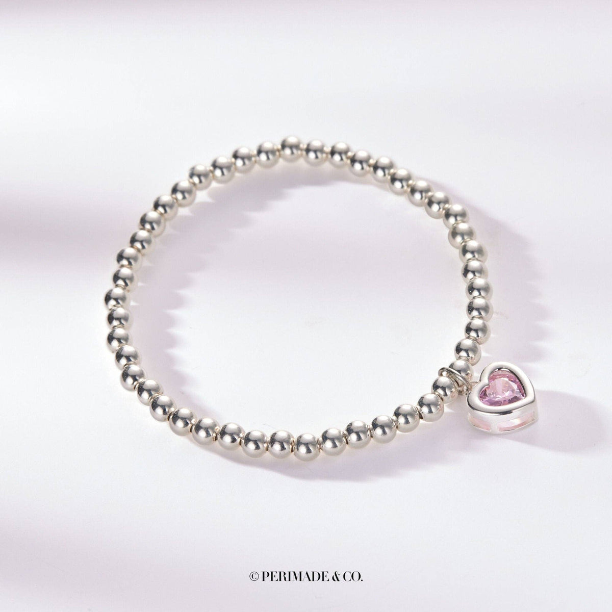 Birthstone Heart Charm Bead Bracelet in 925 Sterling Silver