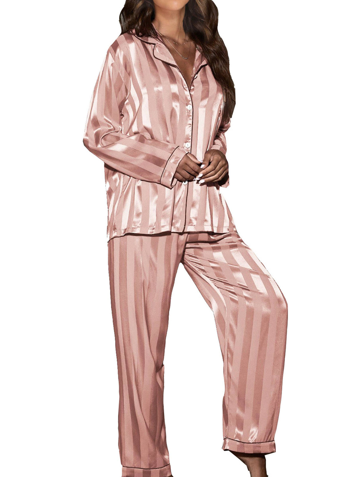 2 Piece Button Front Sleepwear Pants Set Loungewear: S / Pink