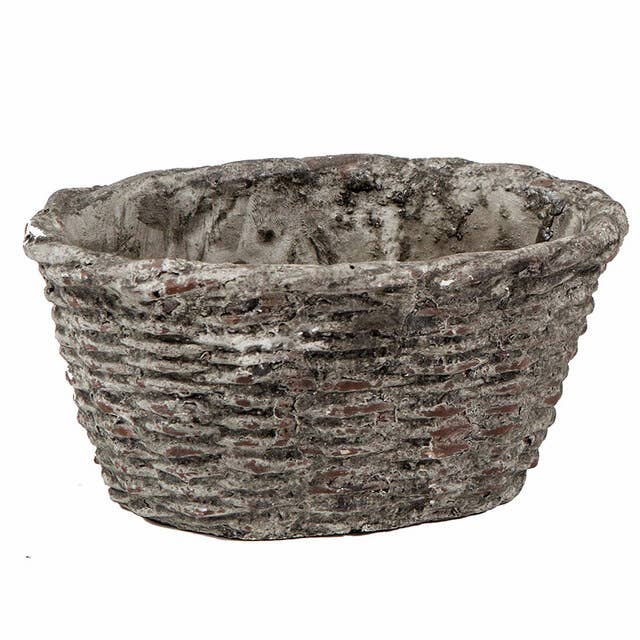 Small Concrete Oval Container with Basket Motif