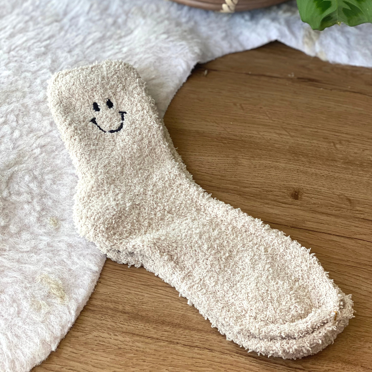 Cream Smile Fuzzy Socks