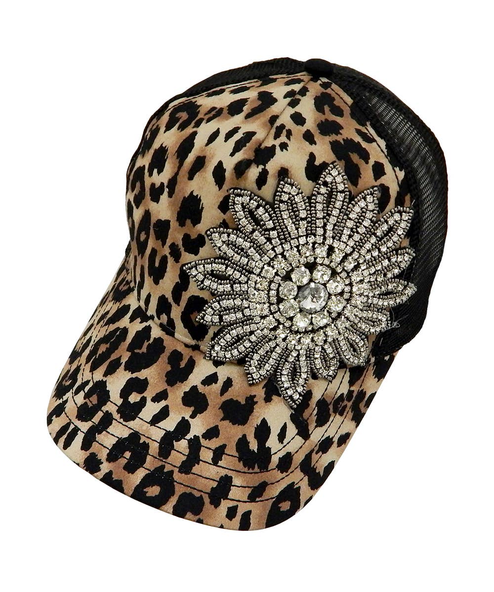 Crystallized Flower Mesh Leopard Cap