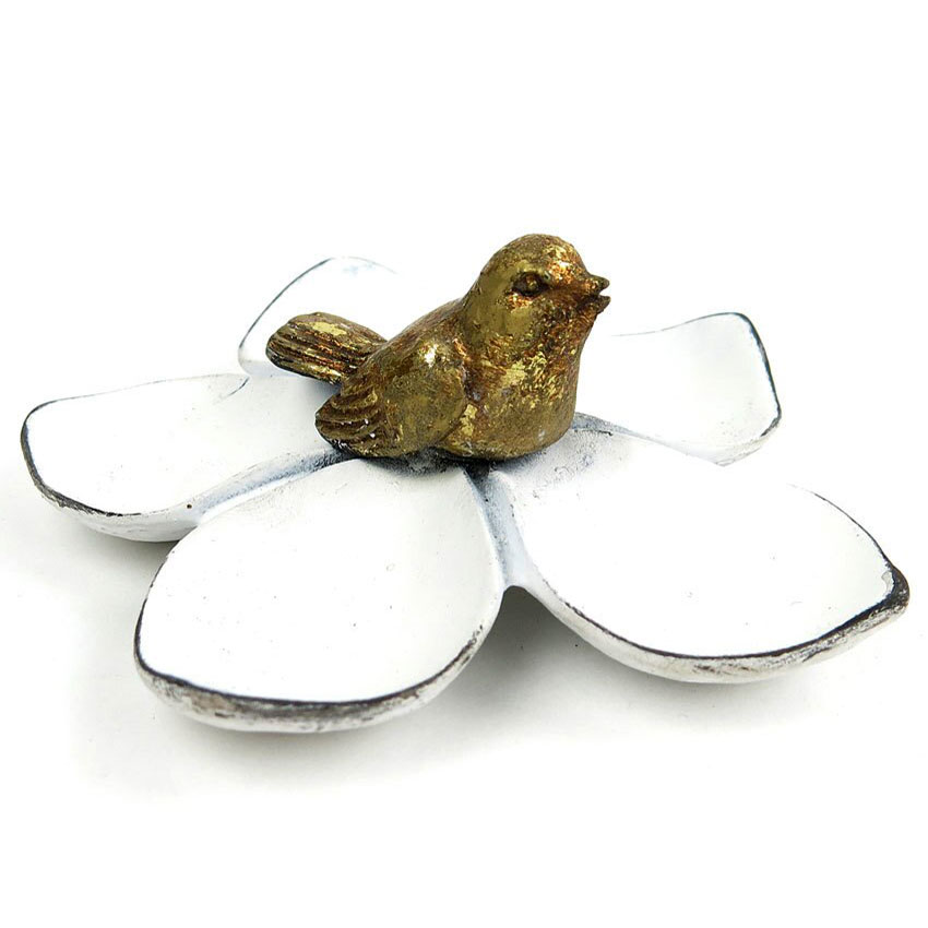 White Pewter Flower with Gold Bird Jewelry Dish