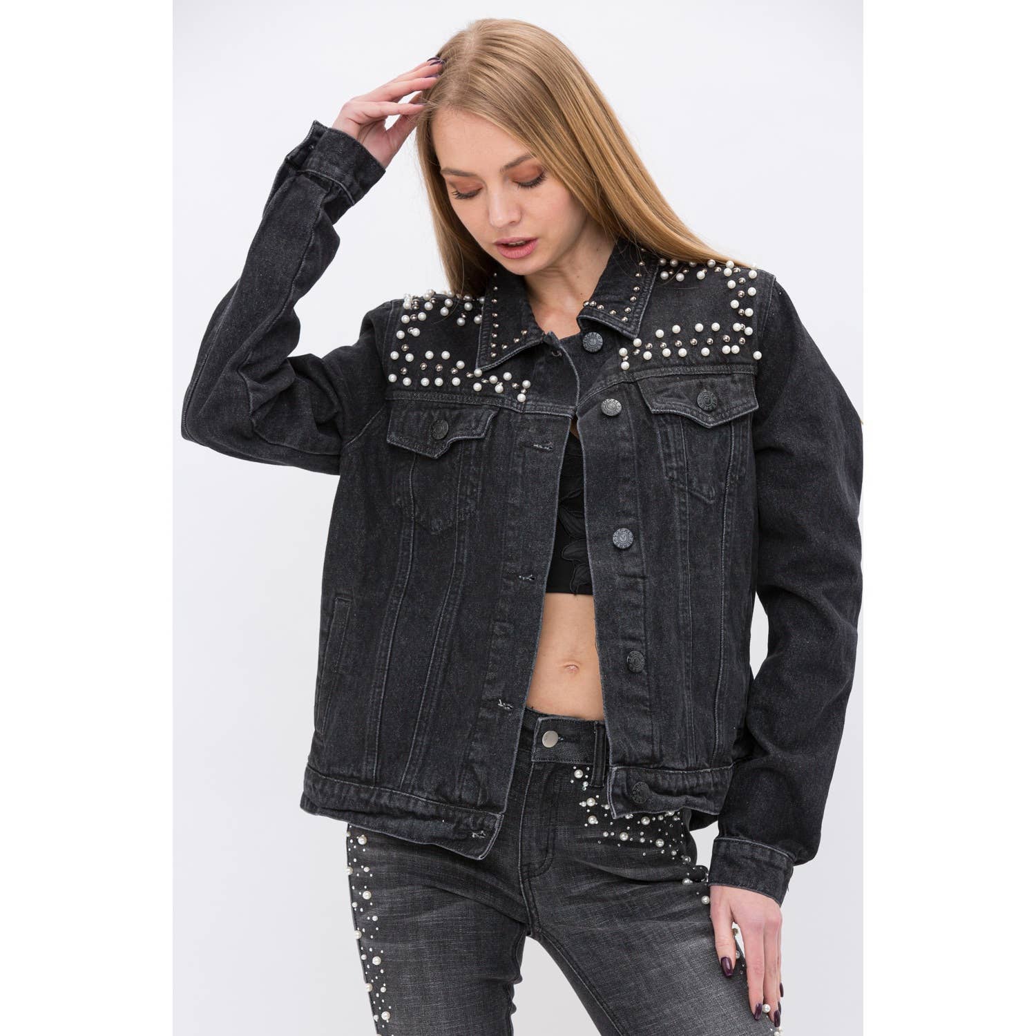 Plain black denim jacket deals