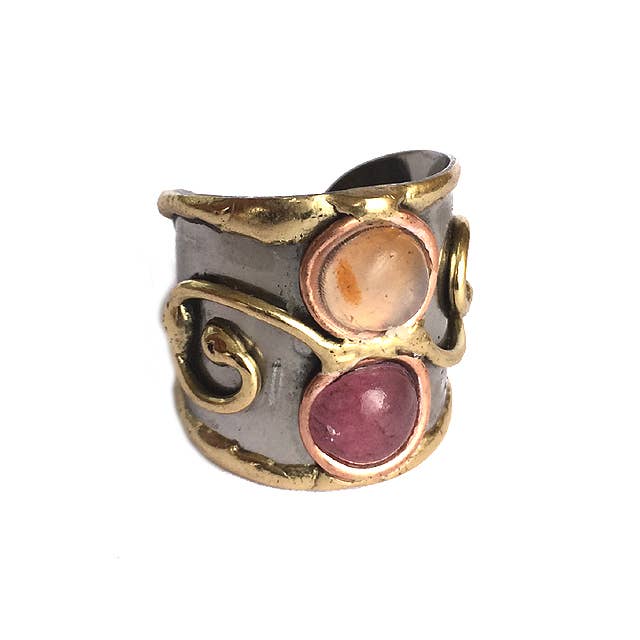 2 Gem Mixed Metal Cuff Ring