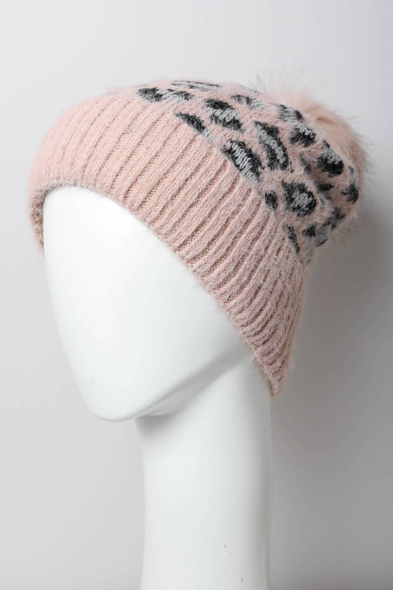 Leopard Knit Beanie-Pink
