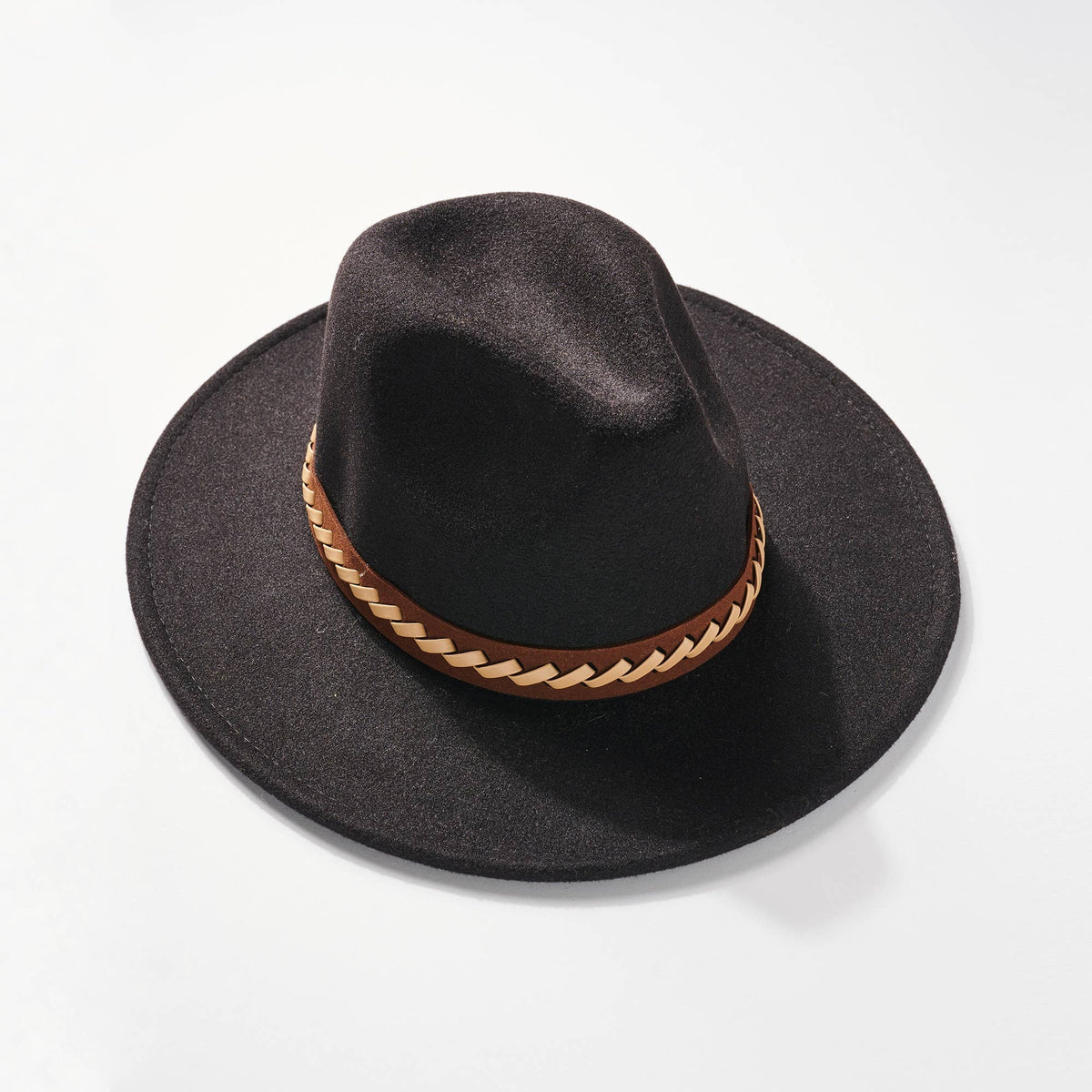 Black-Braided Leather Strap Panama Hat
