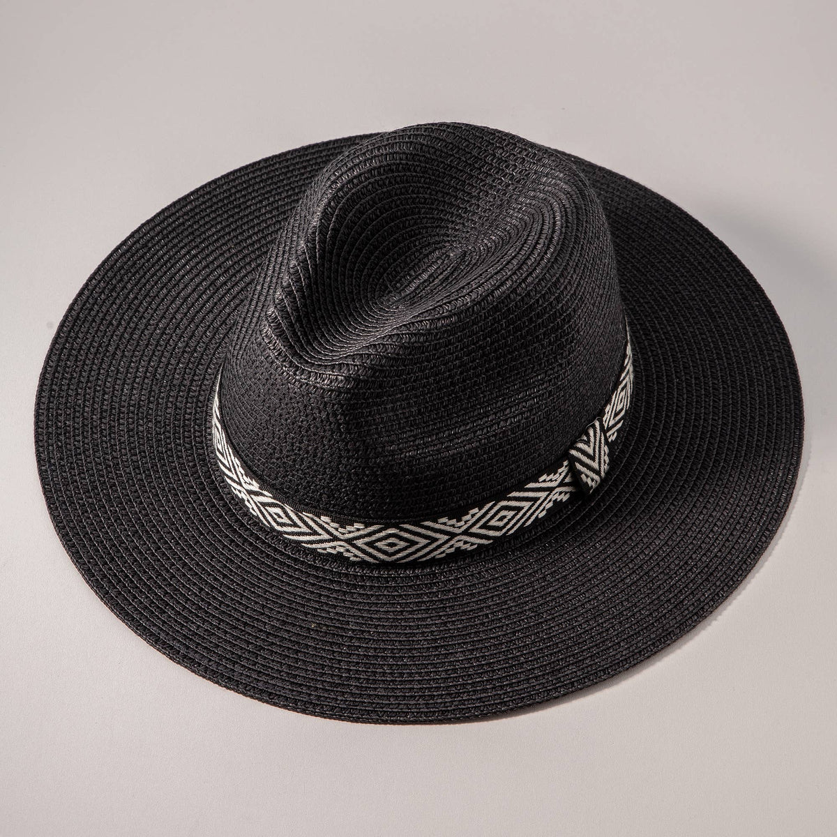 Aztec Strap Straw Fedora Hat-Black