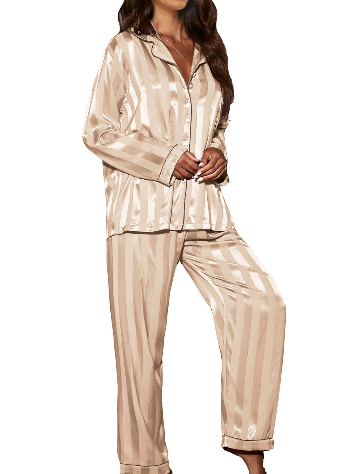 2 Piece Button Front Sleepwear Pants Set Loungewear: XL / Champagne