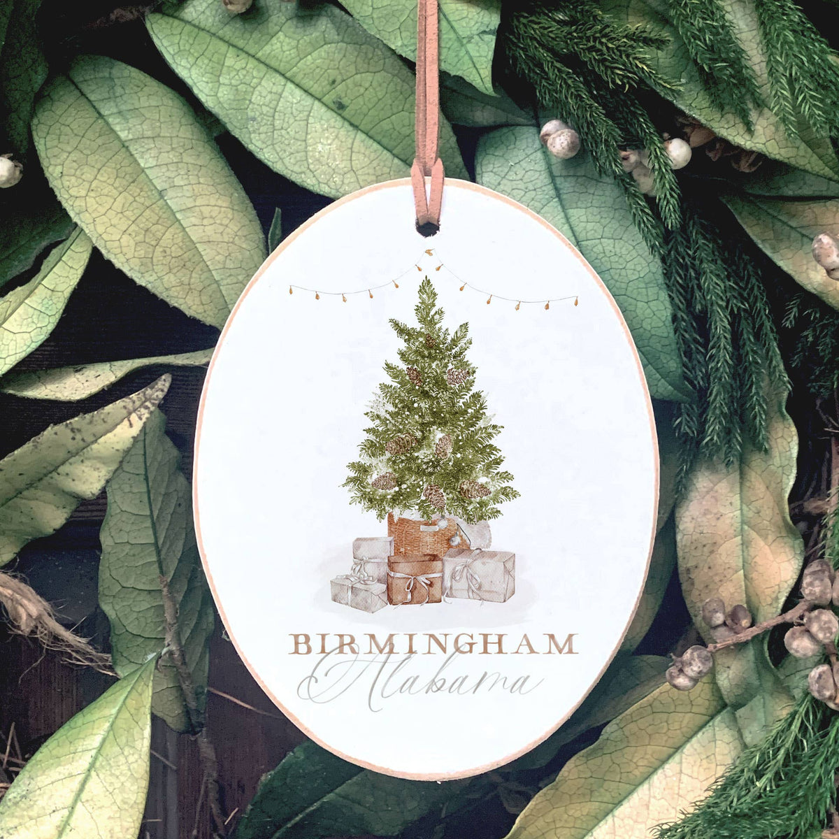 Custom Oval, Cottage Tree, City State, Wooden Ornament