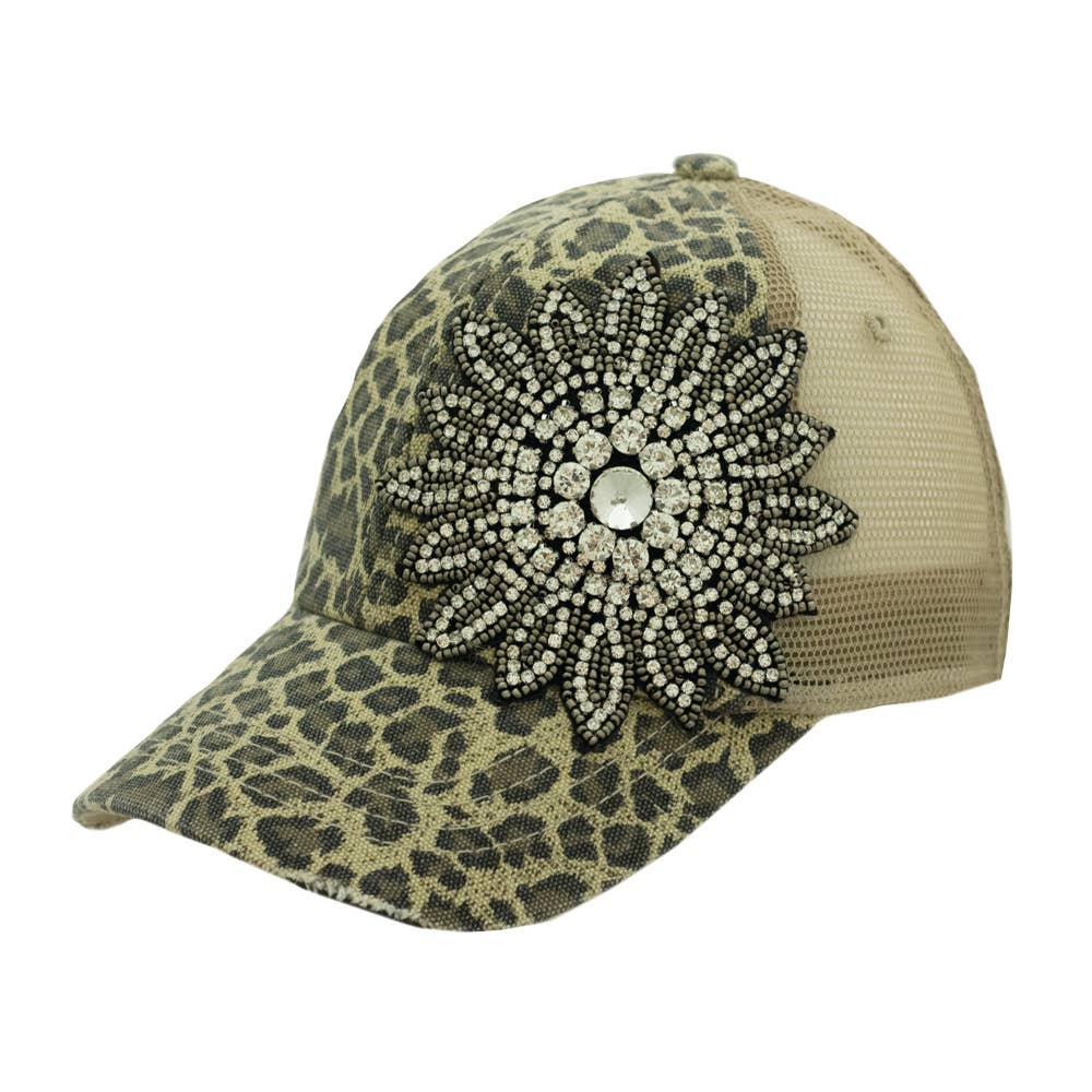 Crystallized Flower Mesh Leopard Cap