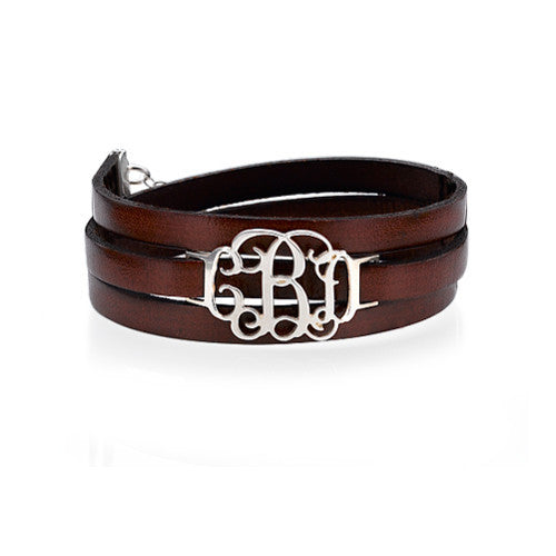 Leather Wrap Bracelet with Sterling Silver Monogram