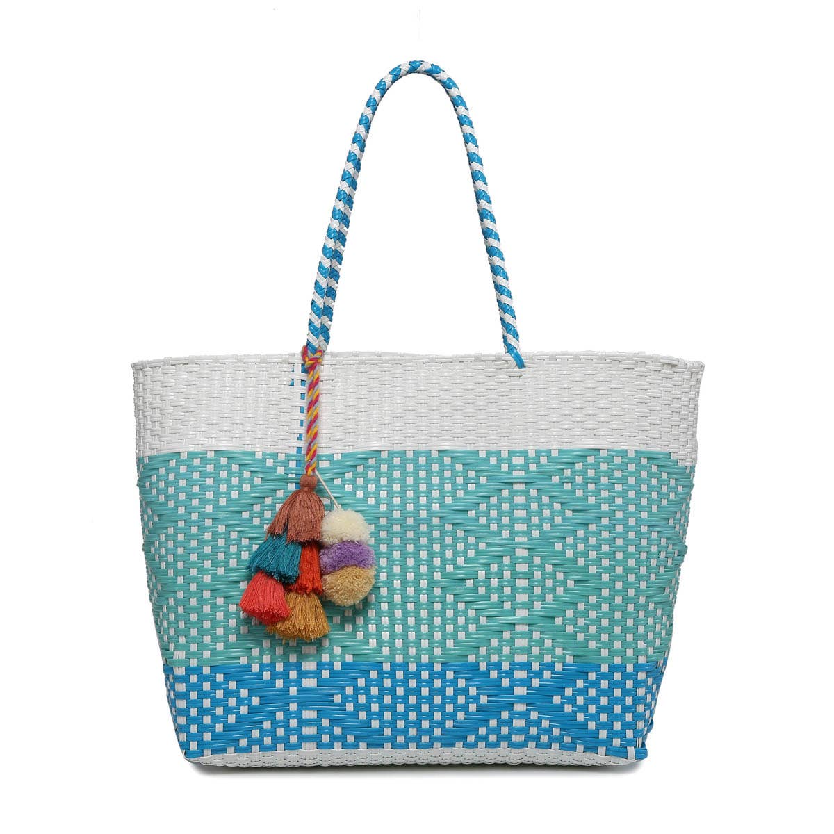 Shelby Large Handwoven Tote w/ Pom-Poms-Blue