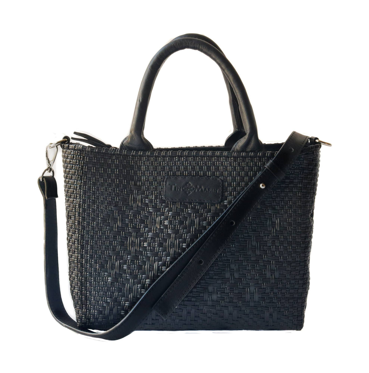 All Black Small Woven Crossbody Bag - Black Leather