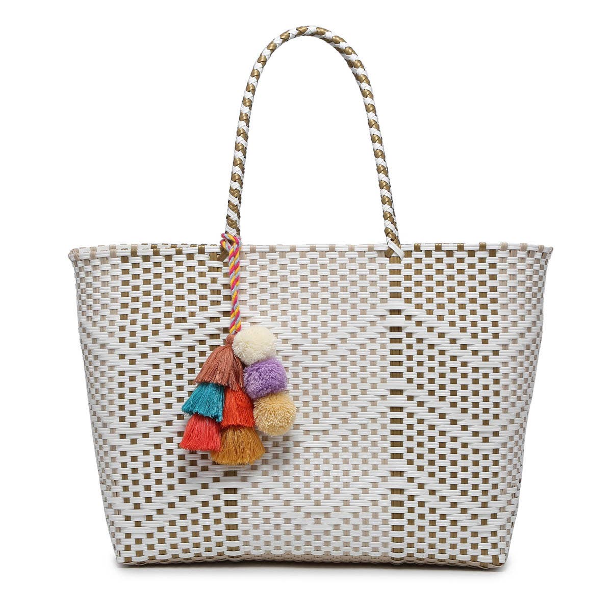 Shelby Large Handwoven Tote w/ Pom-Poms
