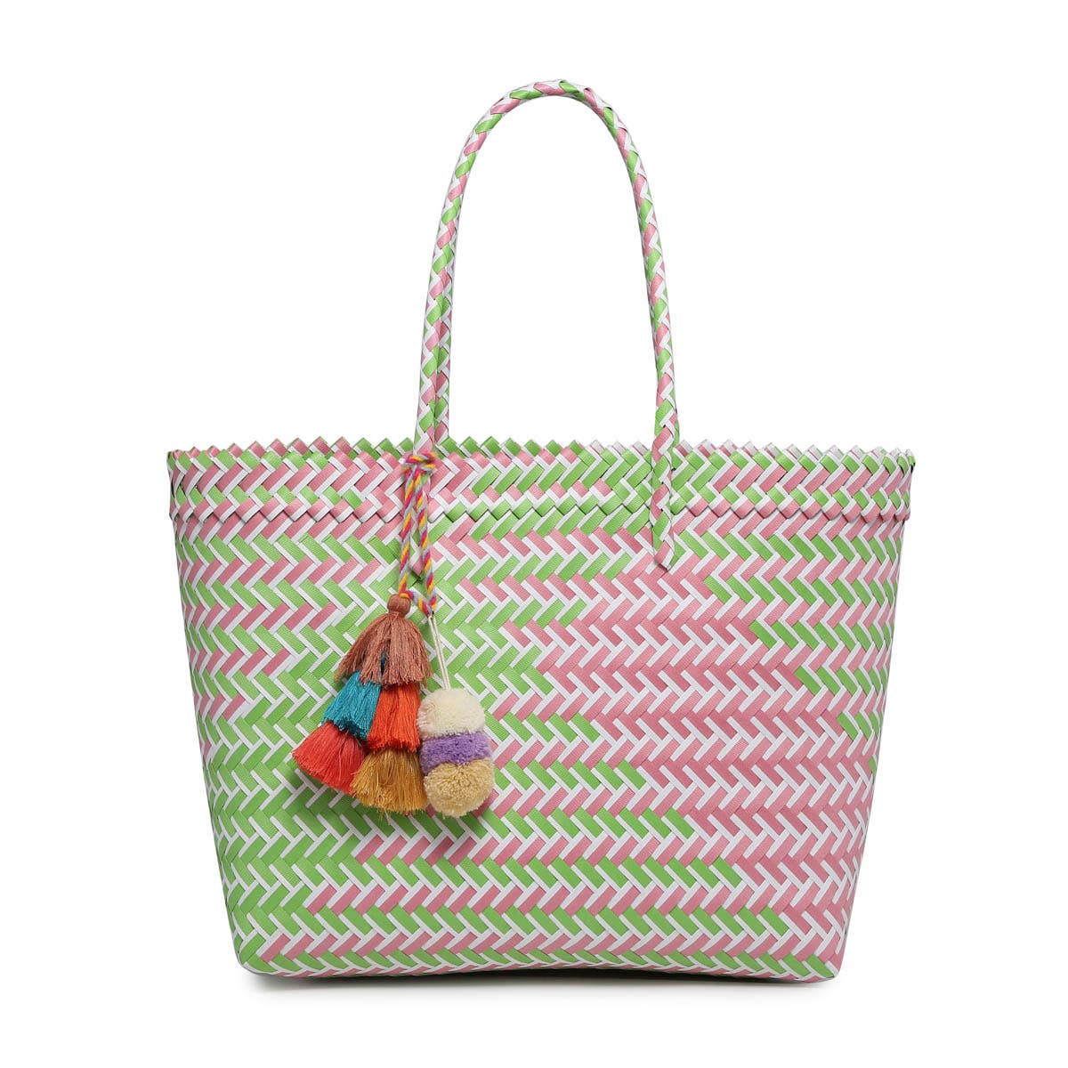 Shelby Large Handwoven Tote w/ Pom-Poms-Pink & Green