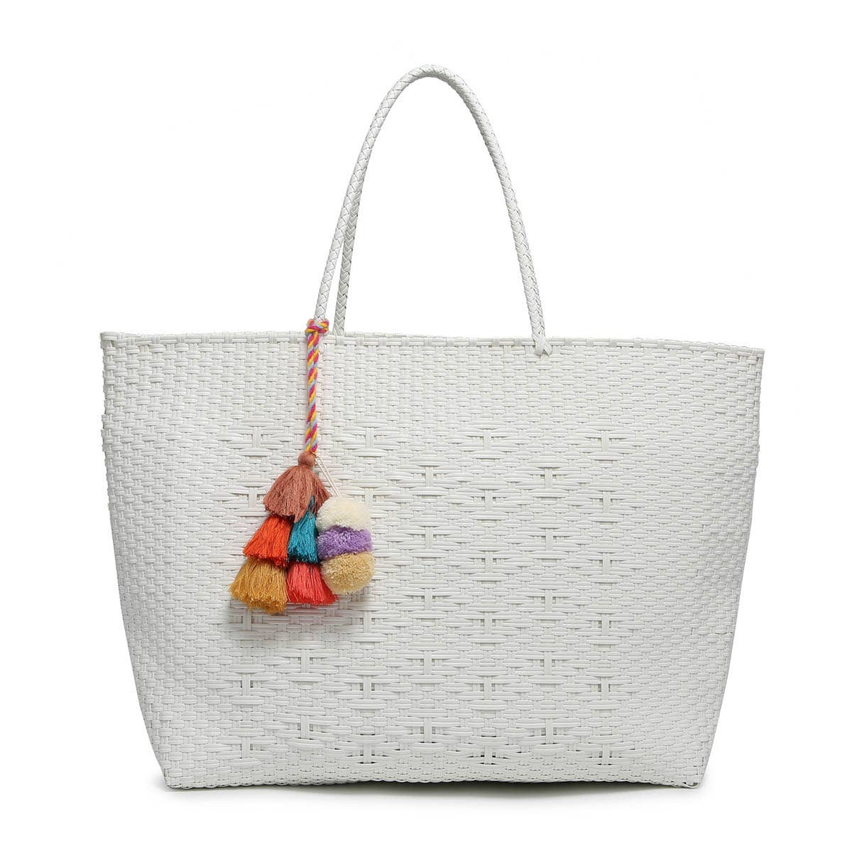 Shelby Large Handwoven Tote w/ Pom-Poms-White