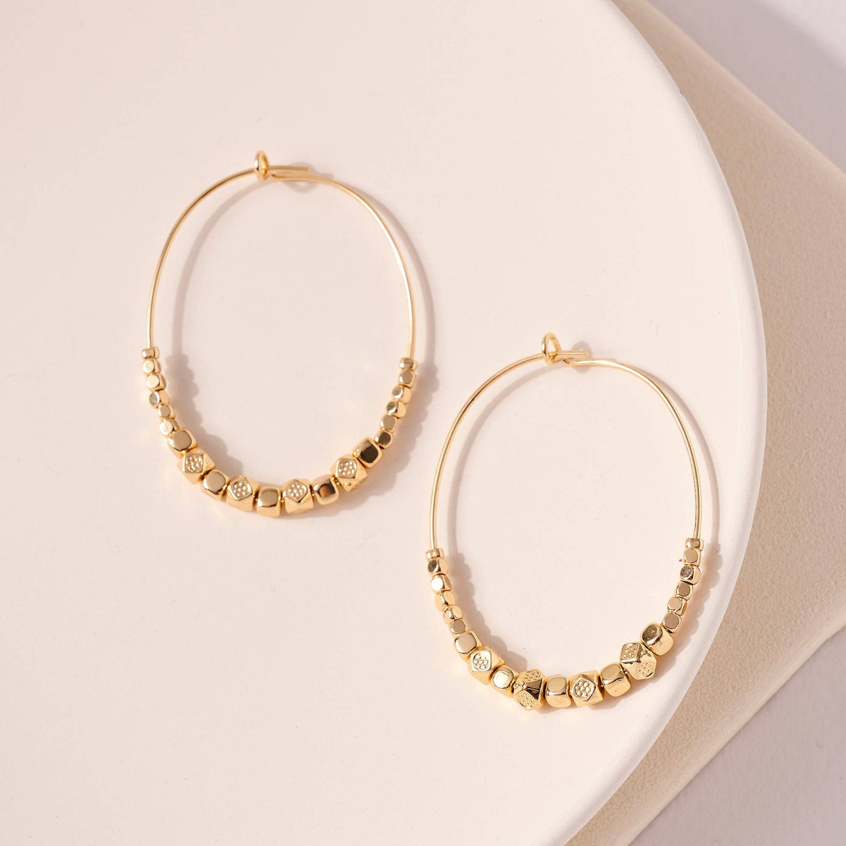 Metal Beaded Wire Hoop Earrings-Gold