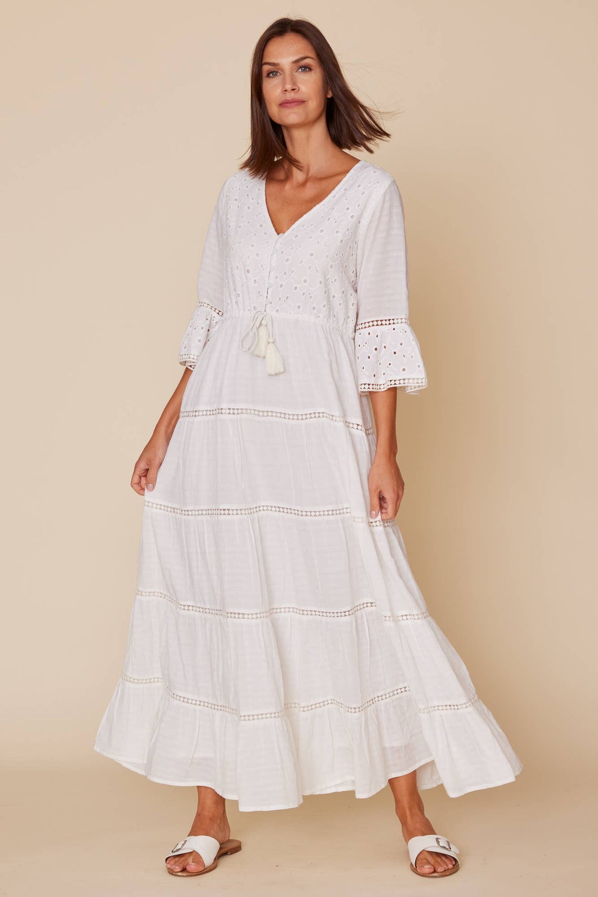 Bohemian Tiered Flared Sleeve Eyelet Maxi Dress Bohemian Tiered Flared Sleeve Eyelet Maxi Dress