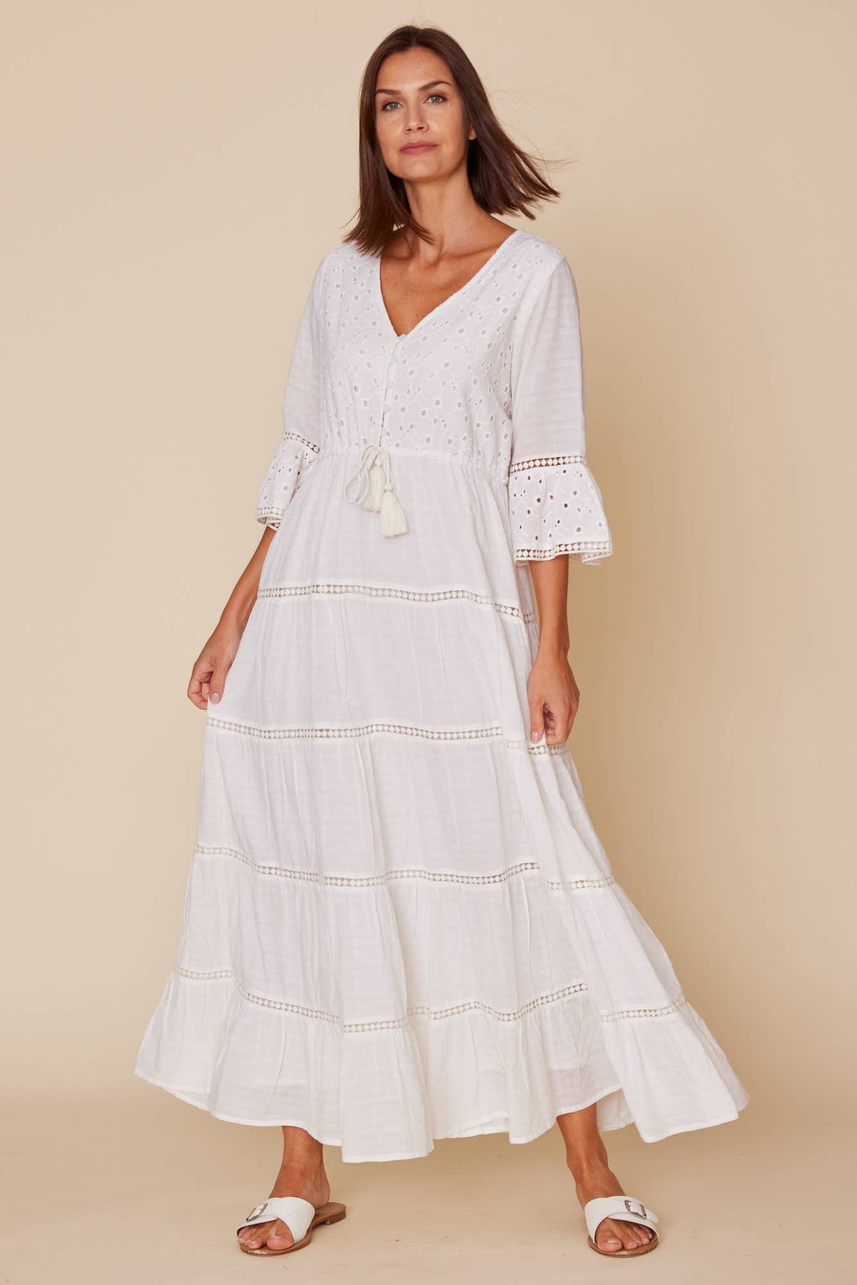 Bohemian Tiered Flared Sleeve Eyelet Maxi Dress