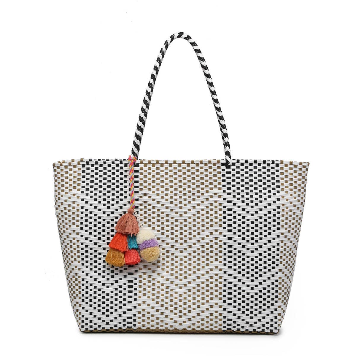 Sylvia Med Handwoven Tote w/ Pom-Poms-Brown Mix