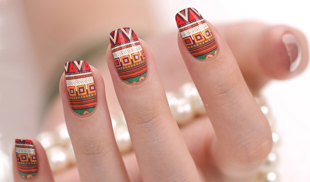 Fun wild bright pink multi colored western Aztec patterned nail wraps
