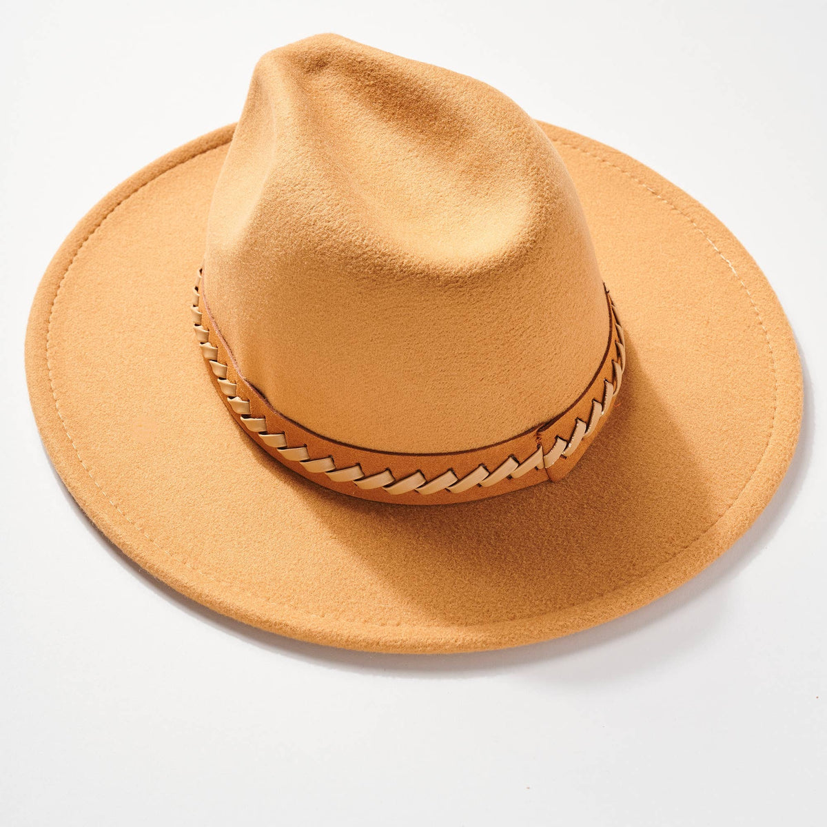 Braided Leather Strap Panama Hat-Camel