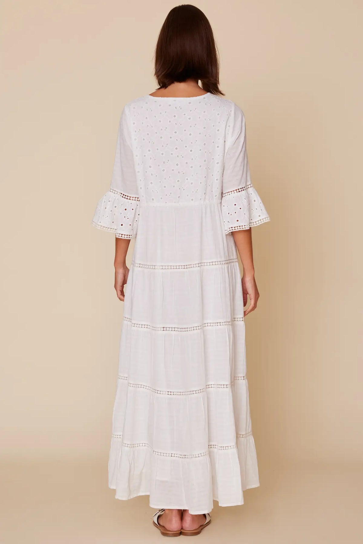 Bohemian Tiered Flared Sleeve Eyelet Maxi Dress